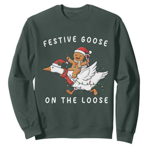 Festive Goose On The Loose Christmas Sweatshirt Funny Goose Gingerbread Xmas TS14 Dark Forest Green Print Your Wear