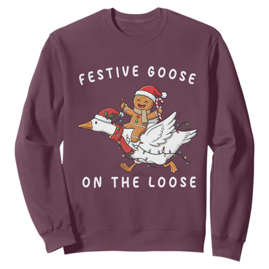Festive Goose On The Loose Christmas Sweatshirt Funny Goose Gingerbread Xmas TS14 Maroon Print Your Wear