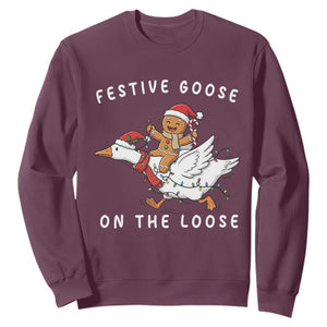 Festive Goose On The Loose Christmas Sweatshirt Funny Goose Gingerbread Xmas TS14 Maroon Print Your Wear