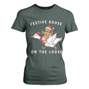 Festive Goose On The Loose Christmas T Shirt For Women Funny Goose Gingerbread Xmas TS14 Dark Forest Green Print Your Wear