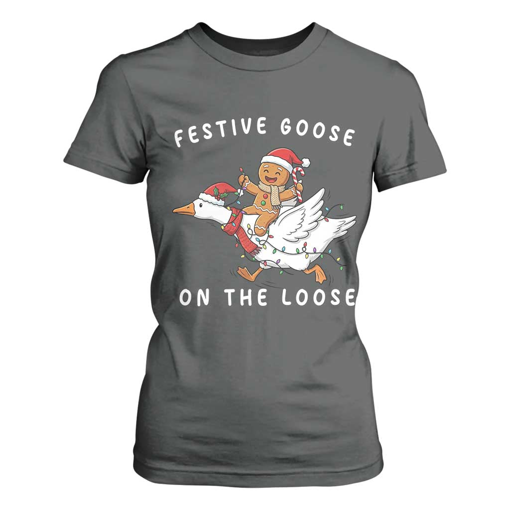 Festive Goose On The Loose Christmas T Shirt For Women Funny Goose Gingerbread Xmas TS14 Dark Heather Print Your Wear