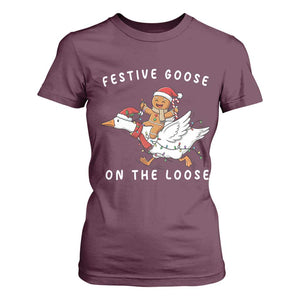 Festive Goose On The Loose Christmas T Shirt For Women Funny Goose Gingerbread Xmas TS14 Maroon Print Your Wear