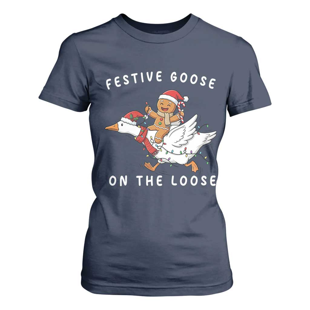 Festive Goose On The Loose Christmas T Shirt For Women Funny Goose Gingerbread Xmas TS14 Navy Print Your Wear