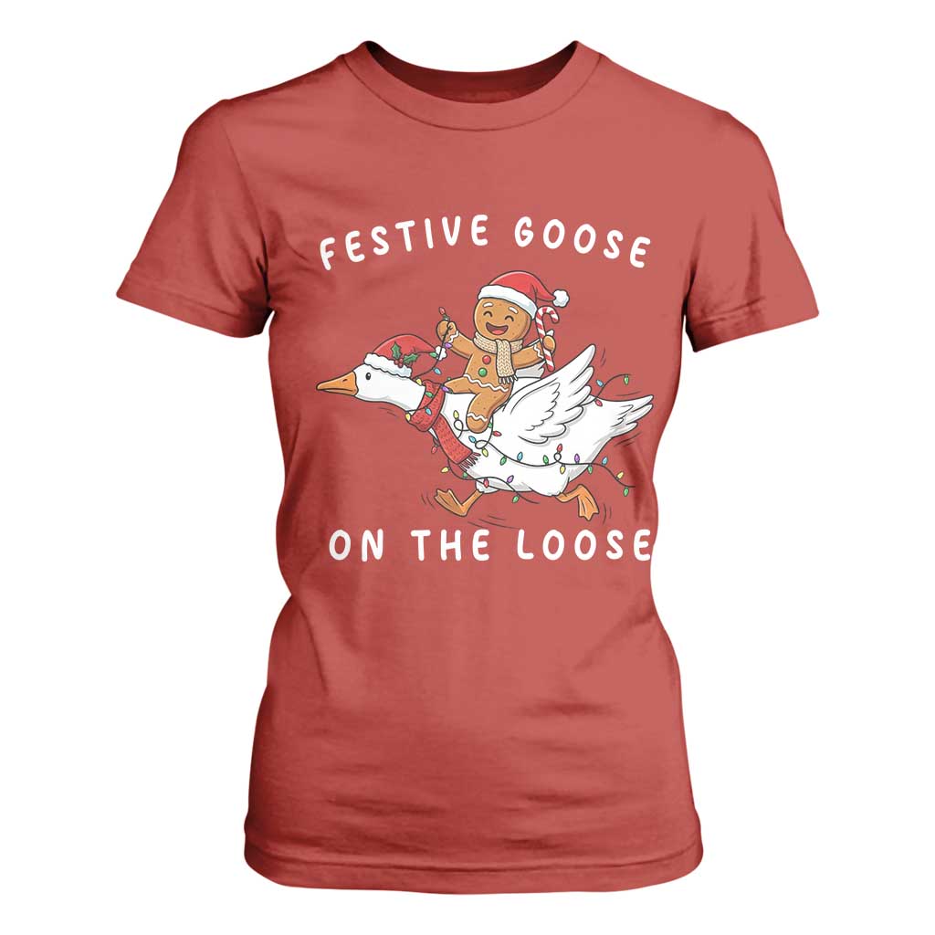 Festive Goose On The Loose Christmas T Shirt For Women Funny Goose Gingerbread Xmas TS14 Red Print Your Wear