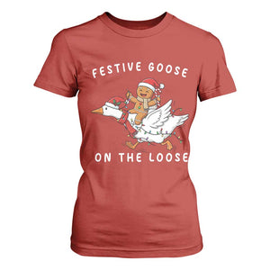 Festive Goose On The Loose Christmas T Shirt For Women Funny Goose Gingerbread Xmas TS14 Red Print Your Wear