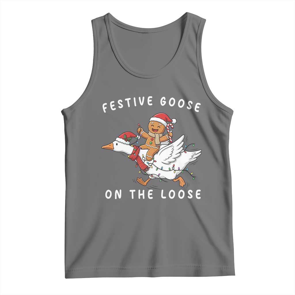 Festive Goose On The Loose Christmas Tank Top Funny Goose Gingerbread Xmas TS14 Black Heather Print Your Wear