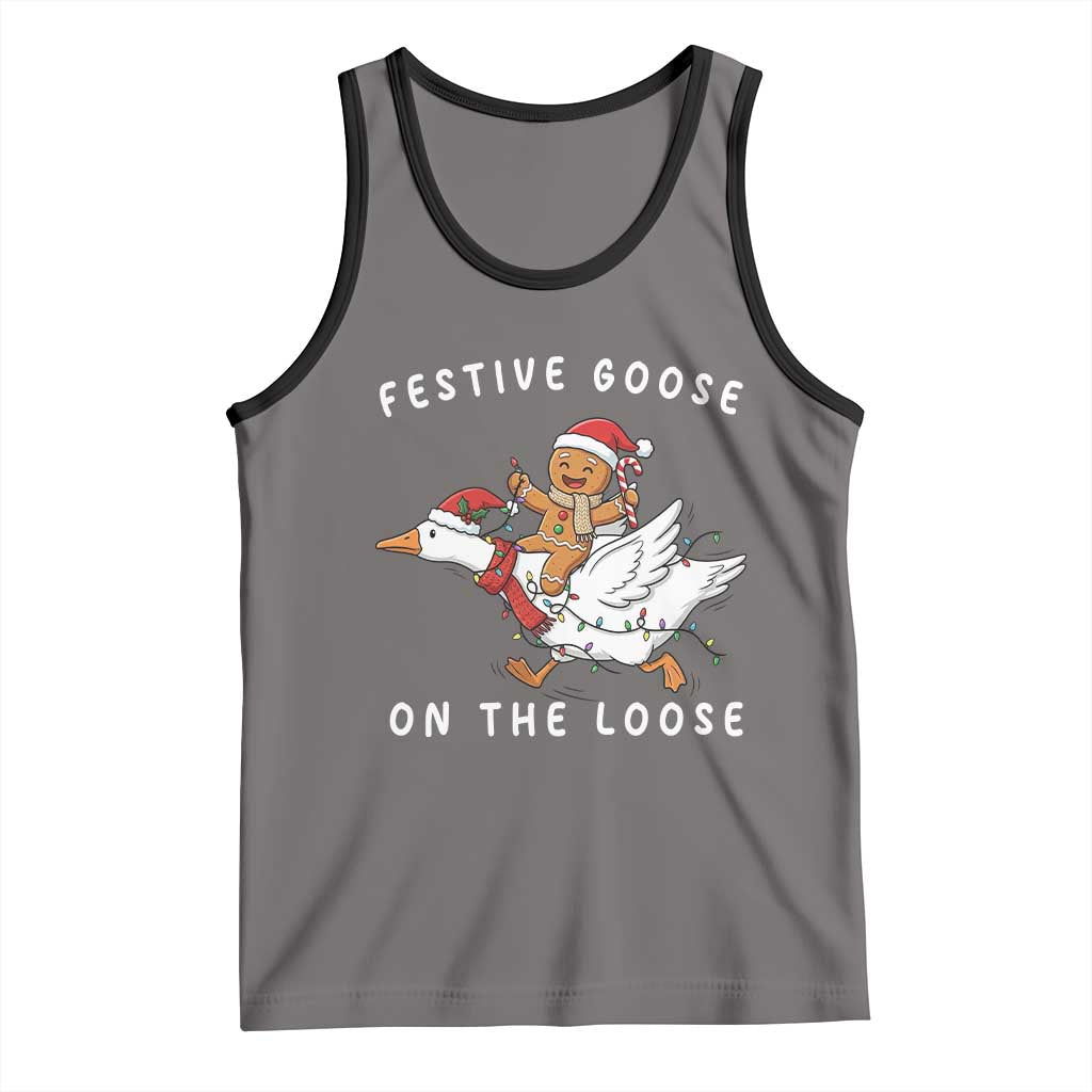 Festive Goose On The Loose Christmas Tank Top Funny Goose Gingerbread Xmas TS14 Deep Heather Black Print Your Wear