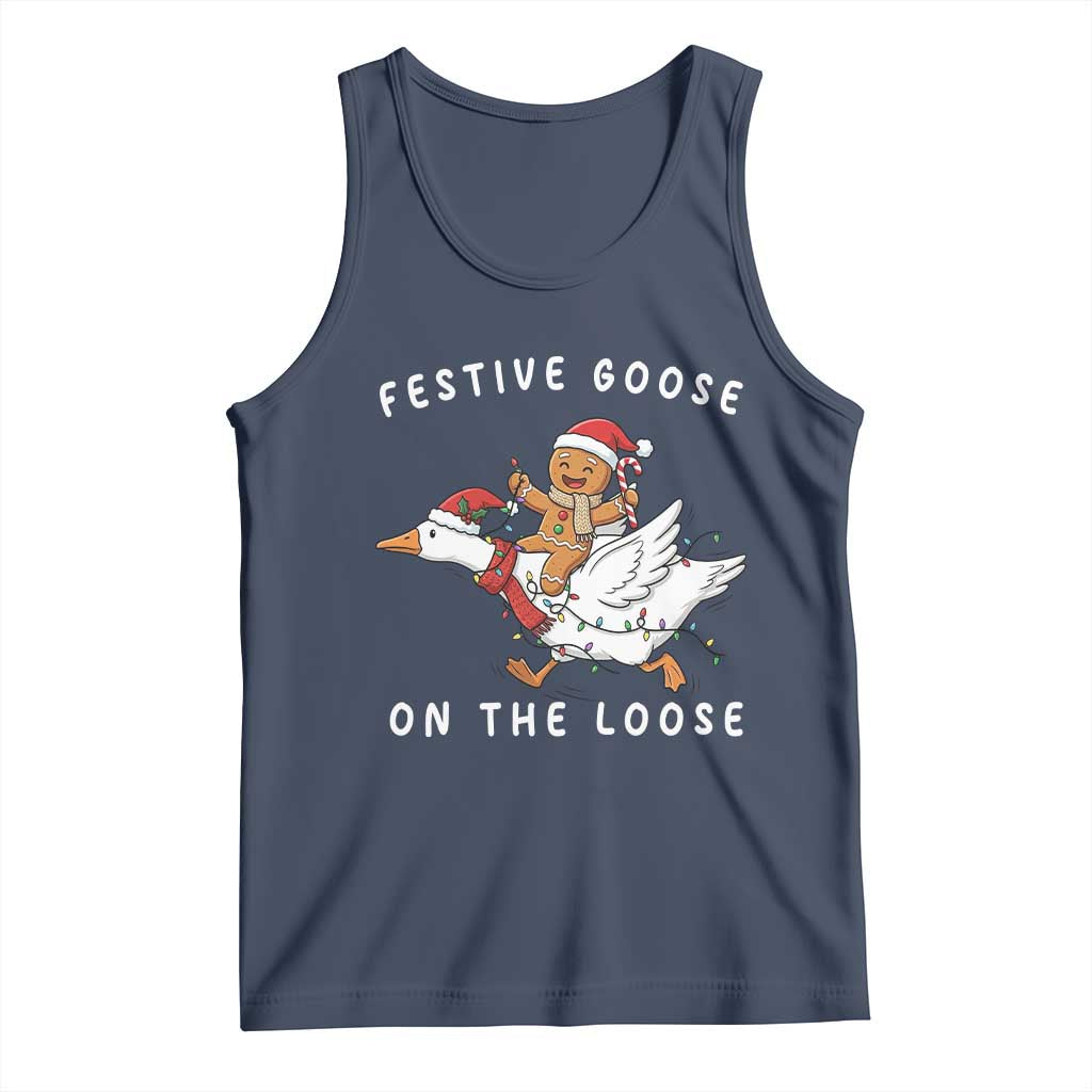 Festive Goose On The Loose Christmas Tank Top Funny Goose Gingerbread Xmas TS14 Navy Print Your Wear