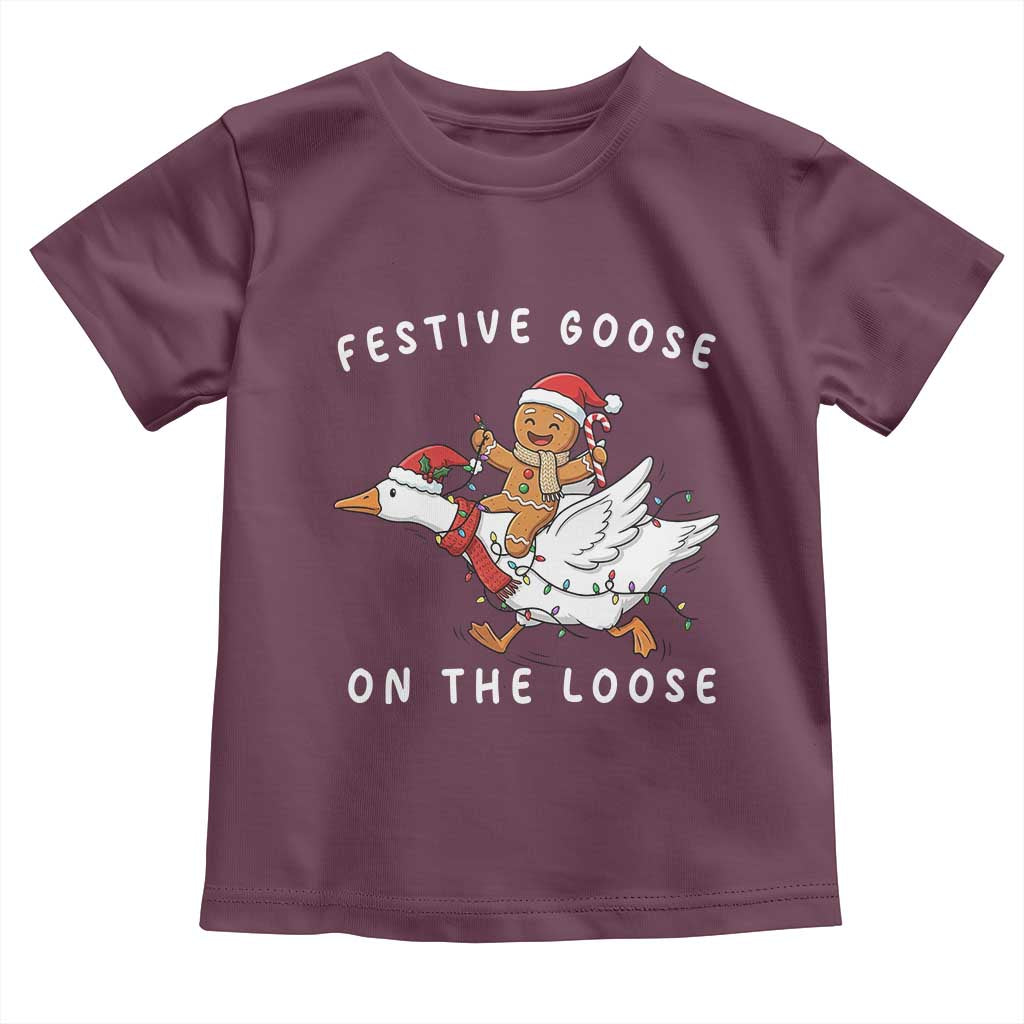 Festive Goose On The Loose Christmas Toddler T Shirt Funny Goose Gingerbread Xmas TS14 Maroon Print Your Wear
