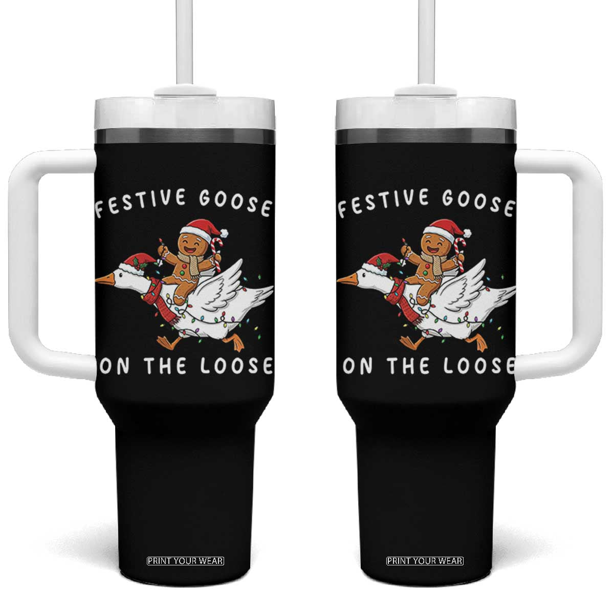 Festive Goose On The Loose Christmas Tumbler With Handle Funny Goose Gingerbread Xmas TS14 One Size: 40 oz Black Print Your Wear