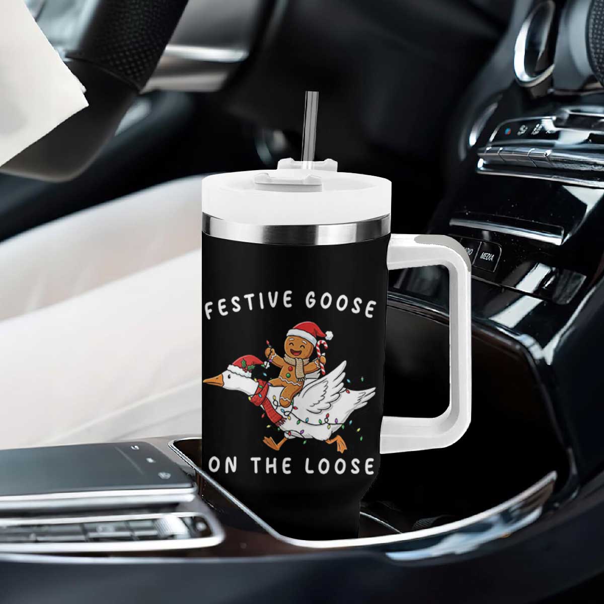 Festive Goose On The Loose Christmas Tumbler With Handle Funny Goose Gingerbread Xmas TS14 Print Your Wear