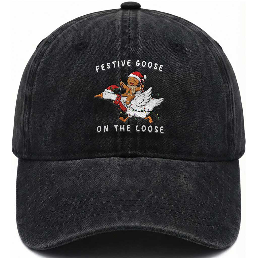 Festive Goose On The Loose Christmas Washed Cotton Baseball Cap Funny Goose Gingerbread Xmas TS14 Washed Cap Universal Fit Black Print Your Wear