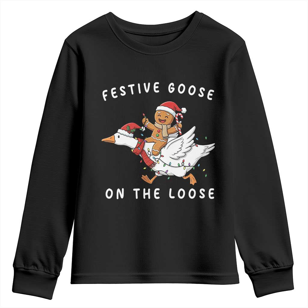Festive Goose On The Loose Christmas Youth Sweatshirt Funny Goose Gingerbread Xmas TS14 Black Print Your Wear