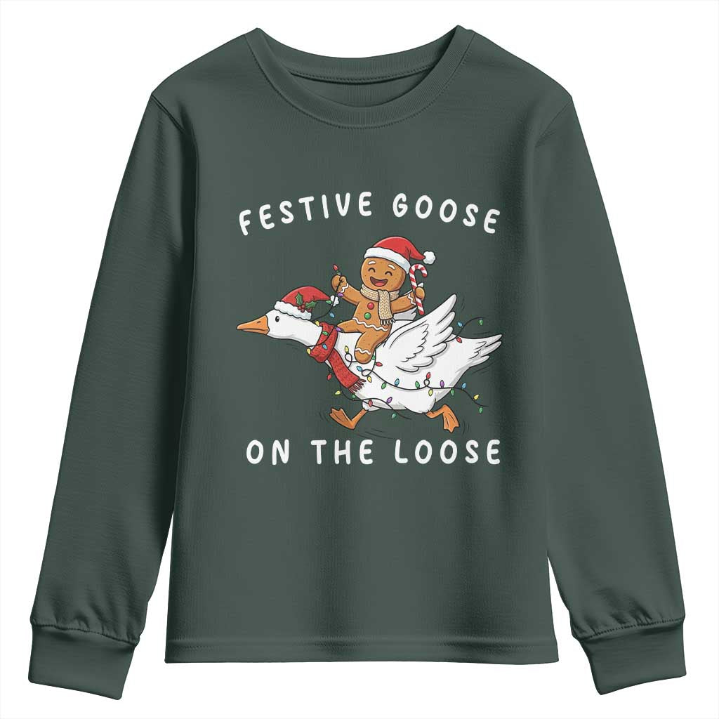 Festive Goose On The Loose Christmas Youth Sweatshirt Funny Goose Gingerbread Xmas TS14 Dark Forest Green Print Your Wear