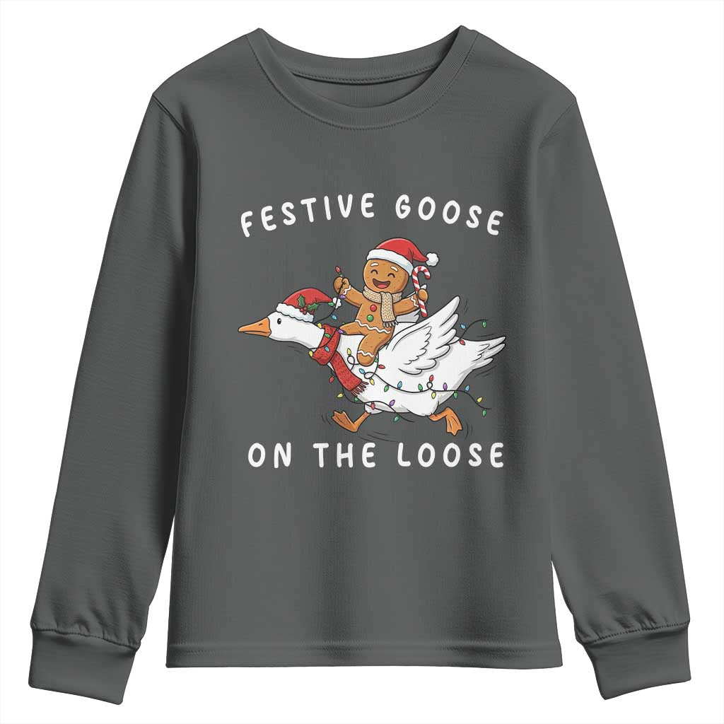 Festive Goose On The Loose Christmas Youth Sweatshirt Funny Goose Gingerbread Xmas TS14 Dark Heather Print Your Wear
