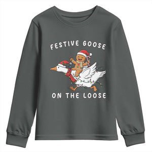 Festive Goose On The Loose Christmas Youth Sweatshirt Funny Goose Gingerbread Xmas TS14 Dark Heather Print Your Wear