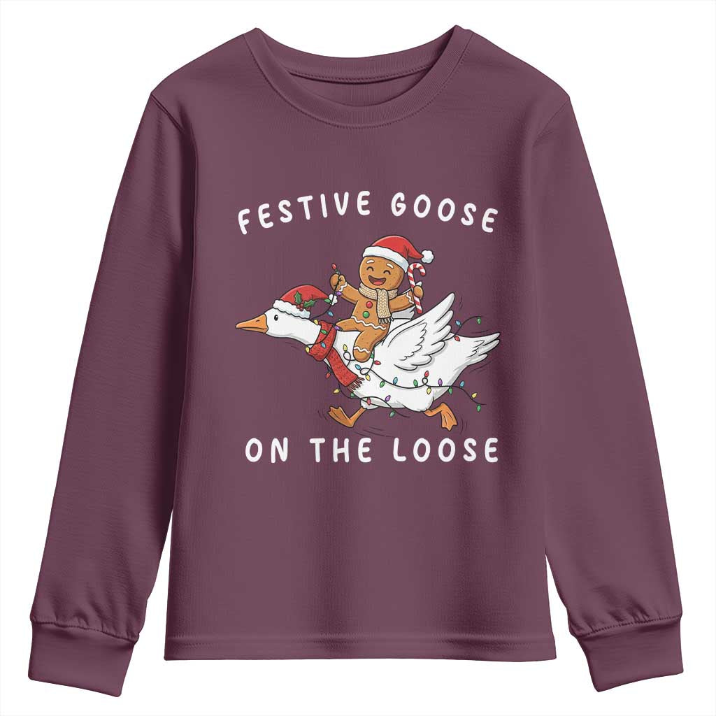 Festive Goose On The Loose Christmas Youth Sweatshirt Funny Goose Gingerbread Xmas TS14 Maroon Print Your Wear