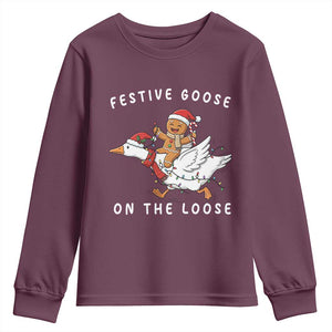 Festive Goose On The Loose Christmas Youth Sweatshirt Funny Goose Gingerbread Xmas TS14 Maroon Print Your Wear