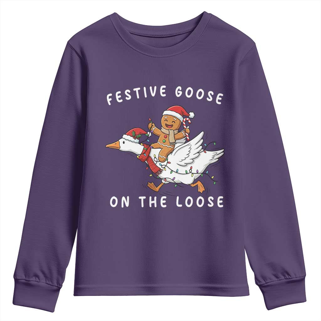Festive Goose On The Loose Christmas Youth Sweatshirt Funny Goose Gingerbread Xmas TS14 Purple Print Your Wear