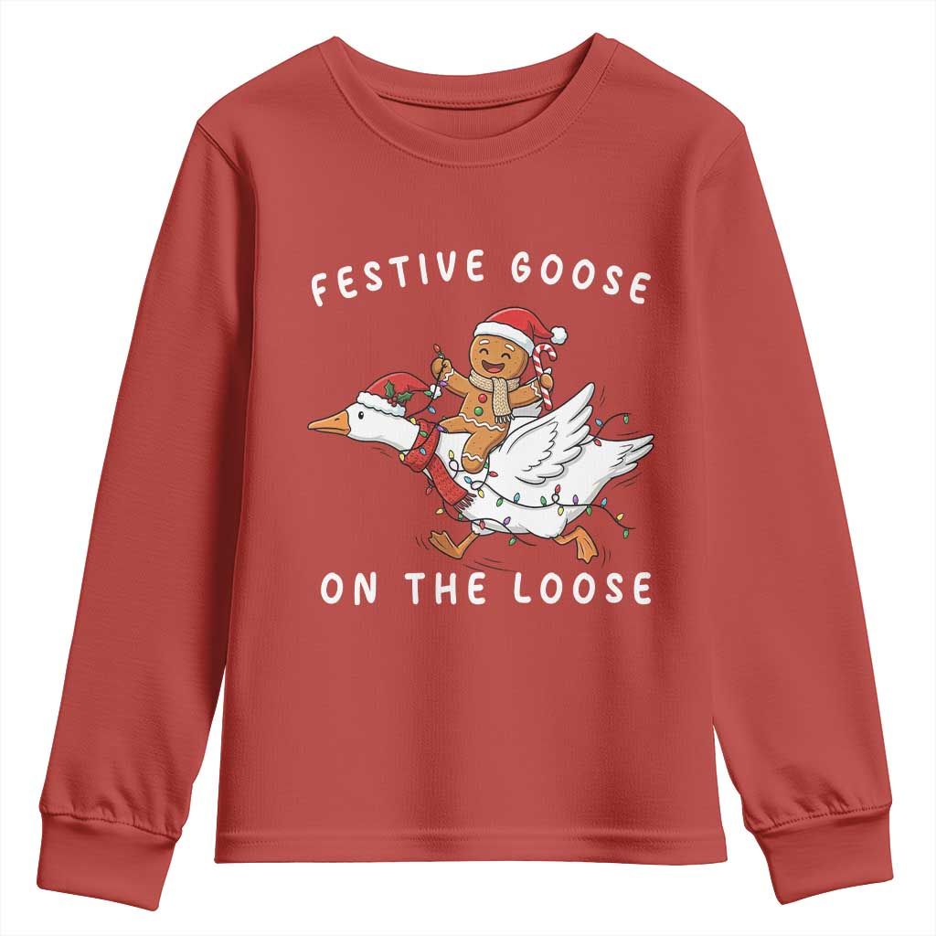 Festive Goose On The Loose Christmas Youth Sweatshirt Funny Goose Gingerbread Xmas TS14 Red Print Your Wear