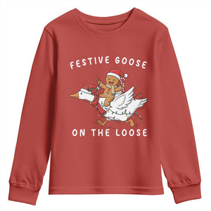 Festive Goose On The Loose Christmas Youth Sweatshirt Funny Goose Gingerbread Xmas TS14 Red Print Your Wear