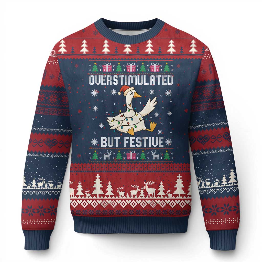 Funny Silly Goose Xmas Ugly Christmas Sweater Overstimulated But Festive TS14 Navy Red Print Your Wear
