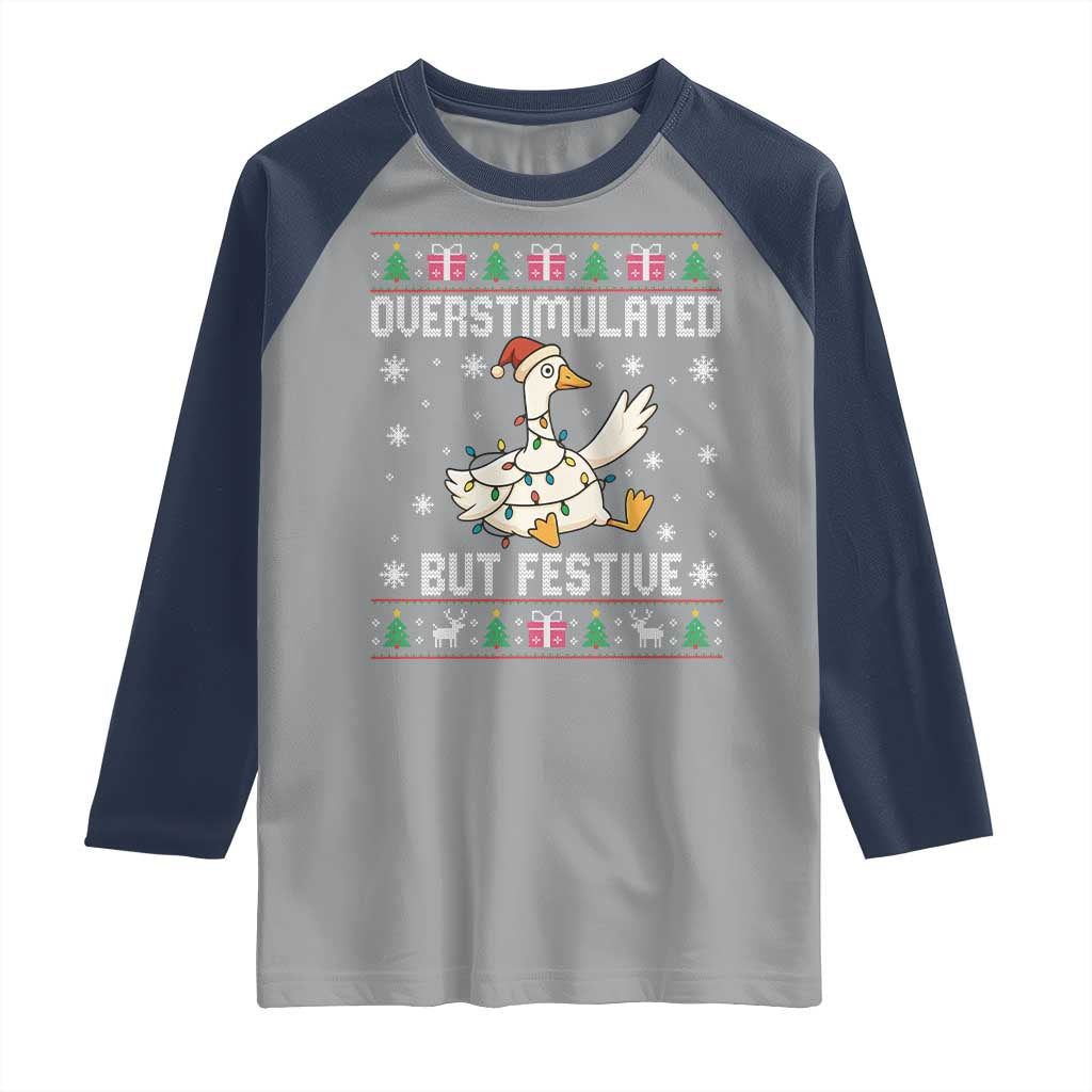 Funny Silly Goose Christmas Raglan Shirt Overstimulated But Festive TS14 Sport Gray Navy Print Your Wear