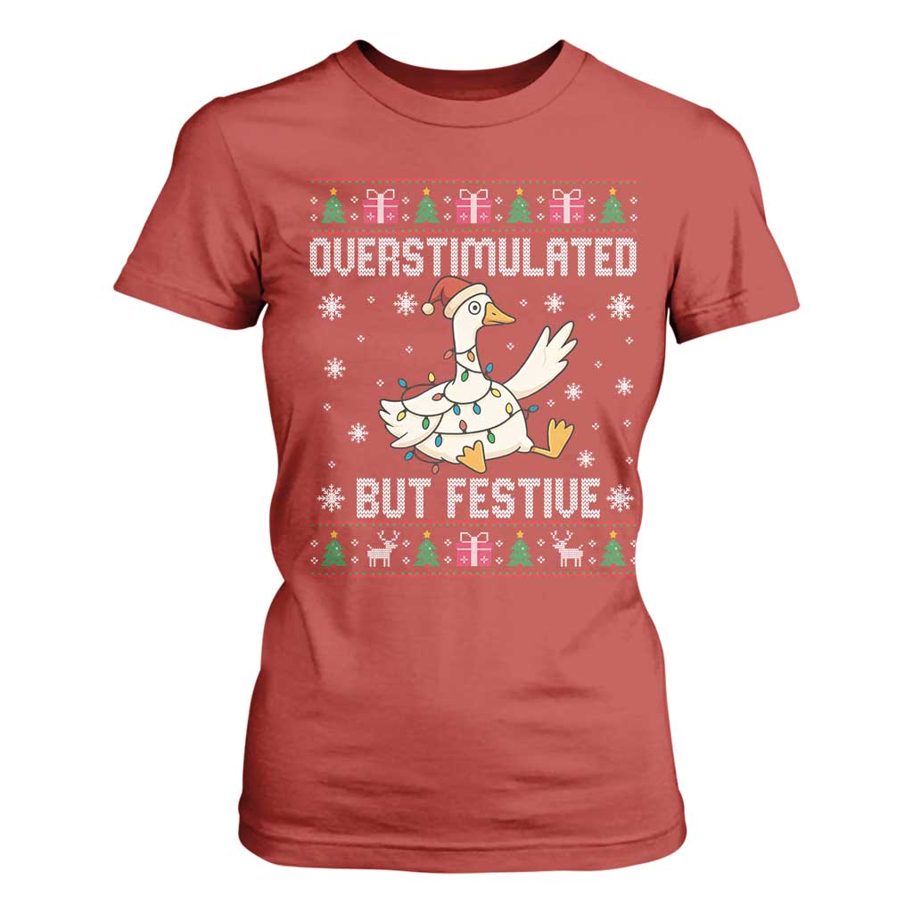 Funny Silly Goose Christmas T Shirt For Women Overstimulated But Festive TS14 Red Print Your Wear