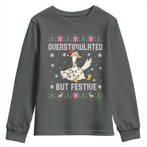 Funny Silly Goose Christmas Youth Sweatshirt Overstimulated But Festive TS14 Dark Heather Print Your Wear