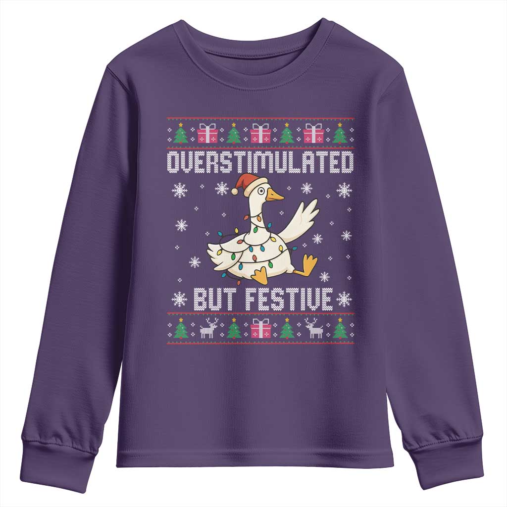 Funny Silly Goose Christmas Youth Sweatshirt Overstimulated But Festive TS14 Purple Print Your Wear