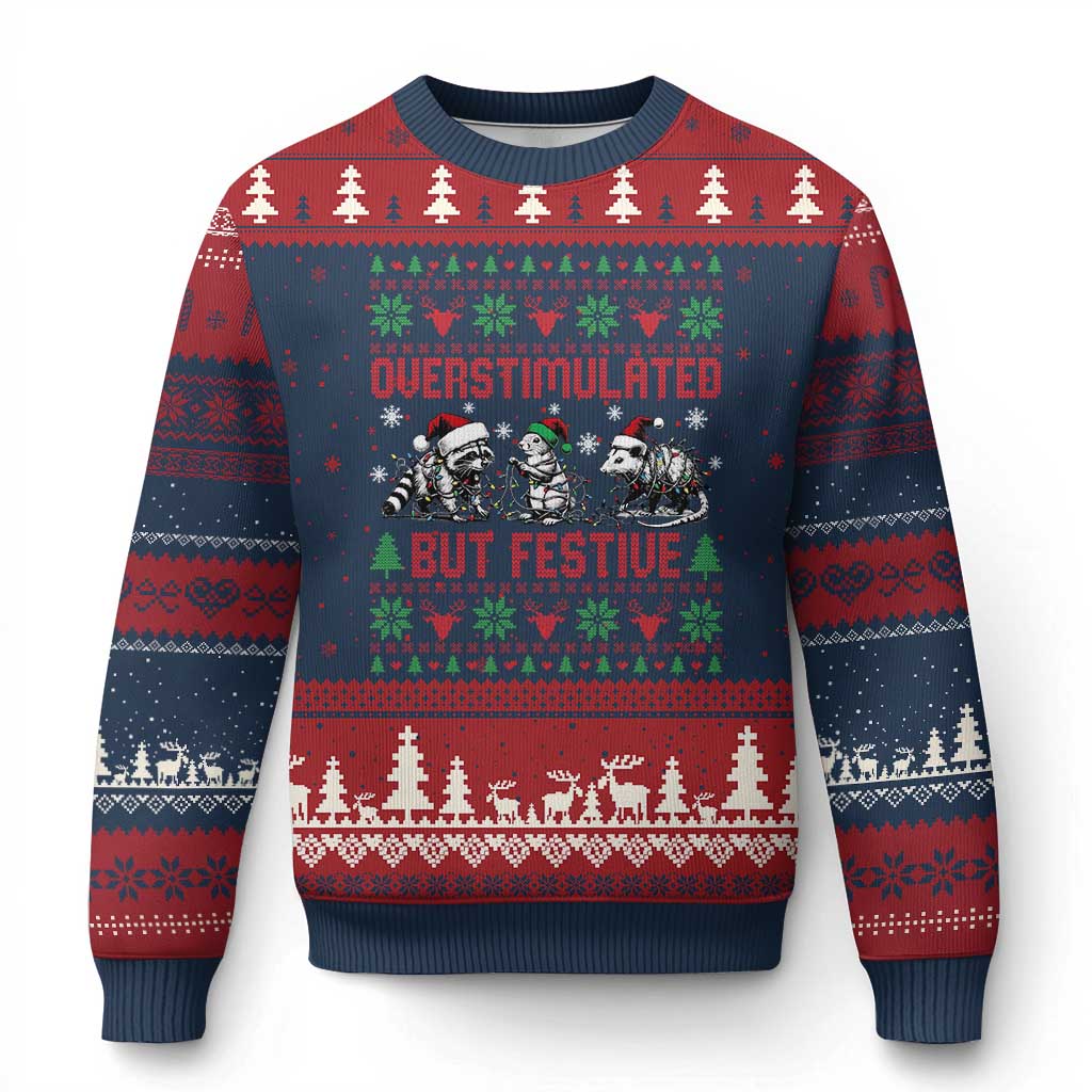 Possum Xmas Ugly Christmas Sweater Funny Overstimulated But Festive TS14 Navy Red Print Your Wear
