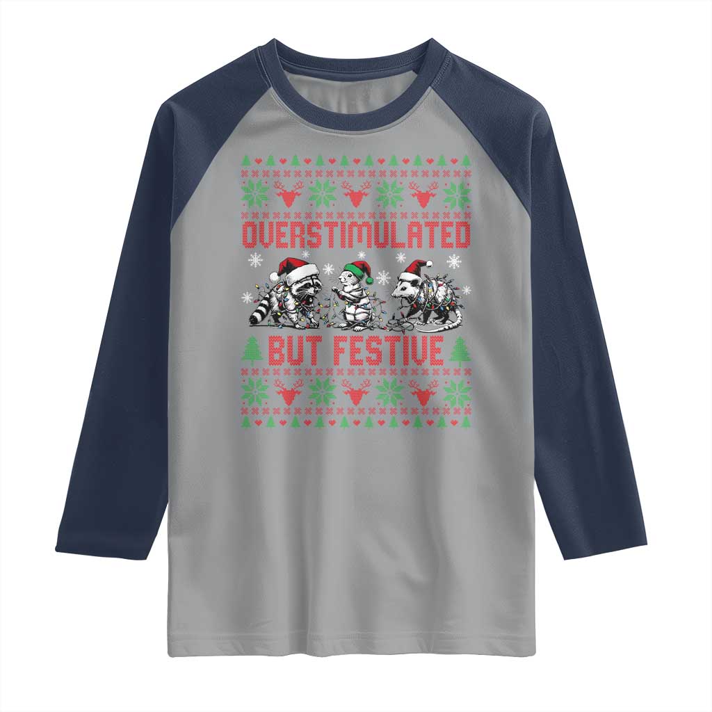 Possum Christmas Raglan Shirt Funny Overstimulated But Festive TS14 Sport Gray Navy Print Your Wear