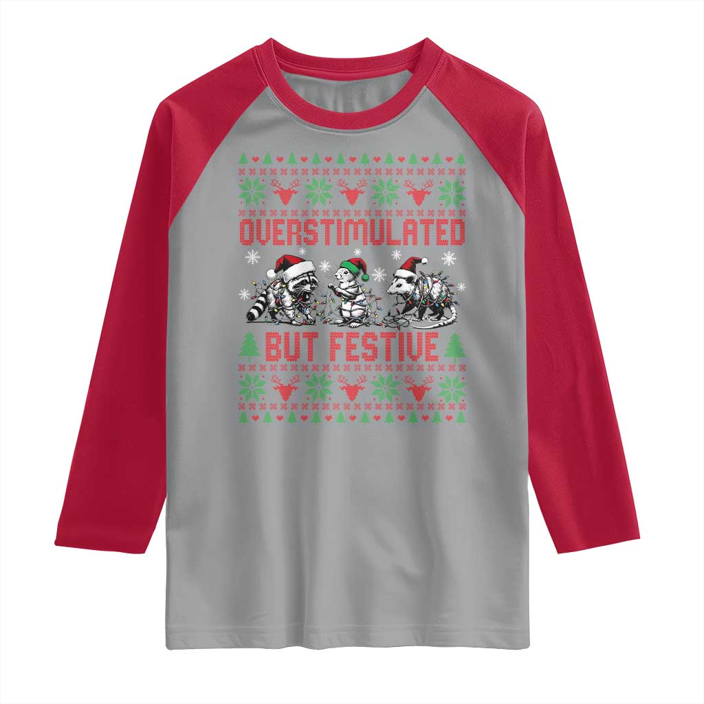 Possum Christmas Raglan Shirt Funny Overstimulated But Festive TS14 Sport Gray Red Print Your Wear