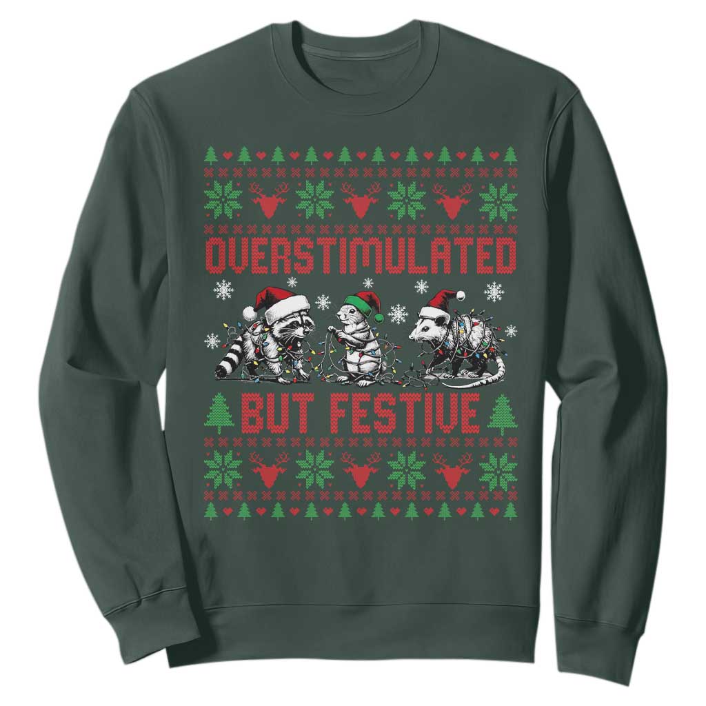 Possum Christmas Sweatshirt Funny Overstimulated But Festive TS14 Dark Forest Green Print Your Wear