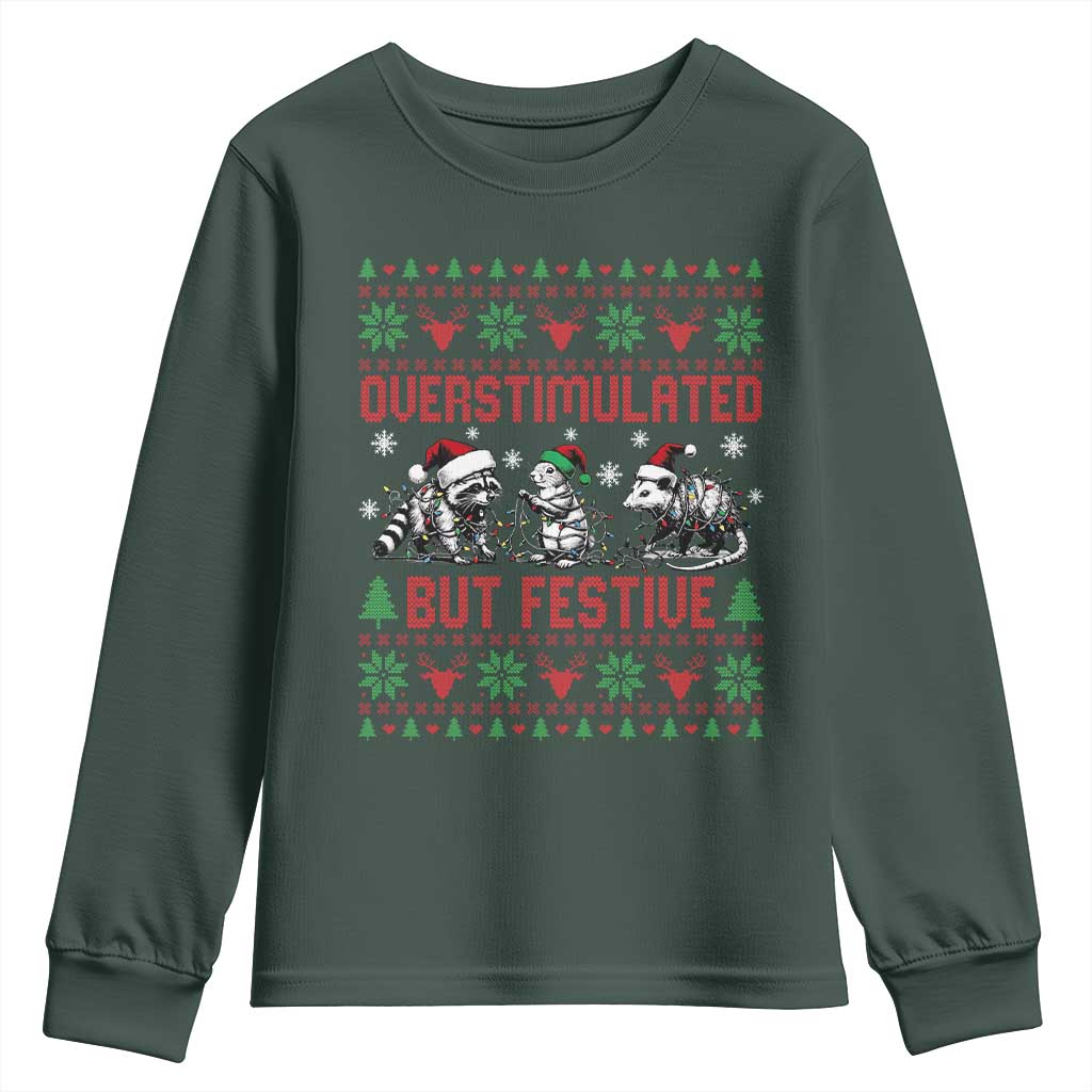Possum Christmas Youth Sweatshirt Funny Overstimulated But Festive TS14 Dark Forest Green Print Your Wear