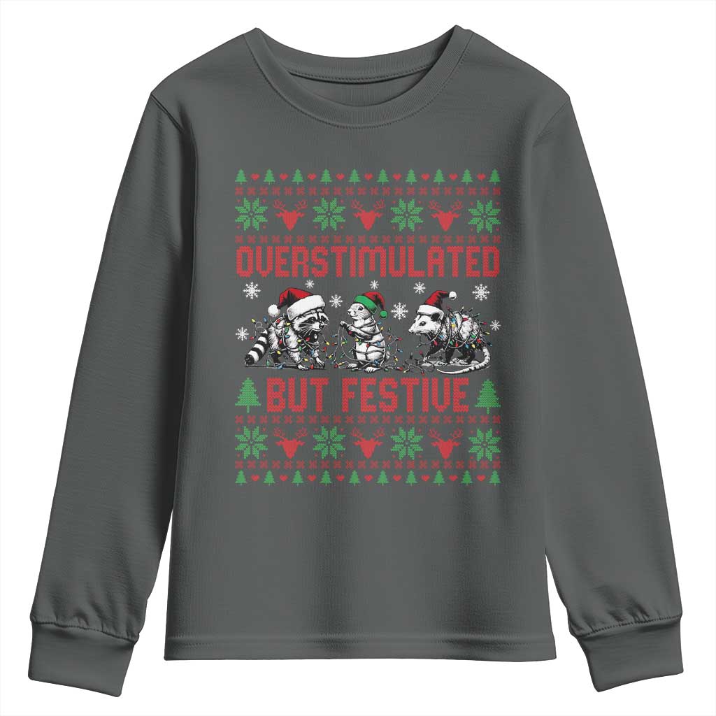 Possum Christmas Youth Sweatshirt Funny Overstimulated But Festive TS14 Dark Heather Print Your Wear