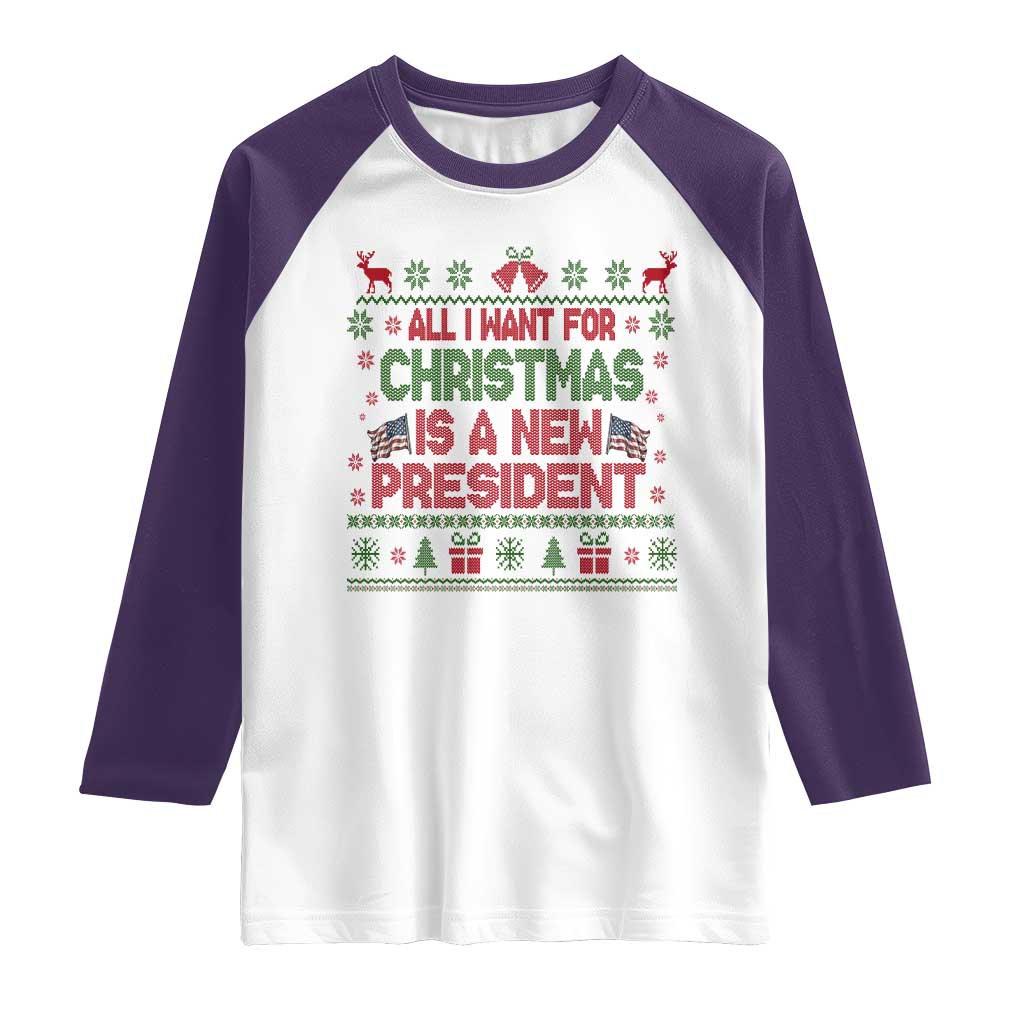 All I Want For Christmas Is A New President Raglan Shirt Funny Democrat Christmas TS14 White Purple Print Your Wear