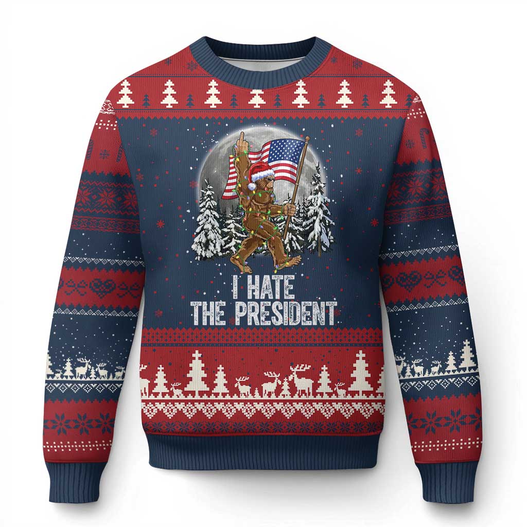 Funny Bigfoot Xmas Political Meme Ugly Christmas Sweater I Hate The President TS14 Navy Red Print Your Wear