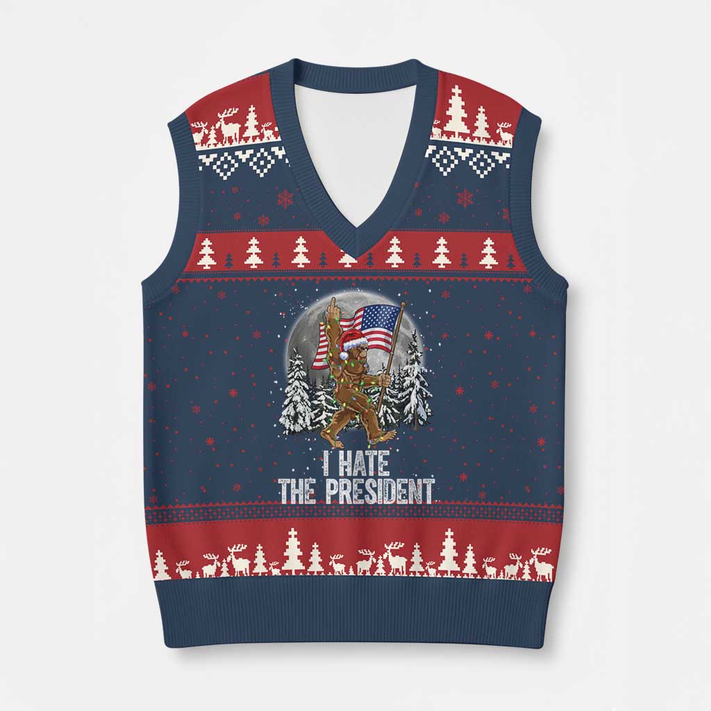 Funny Bigfoot Xmas Political Meme V-Neck Knit Sweater Vest I Hate The President TS14 Navy Red Print Your Wear