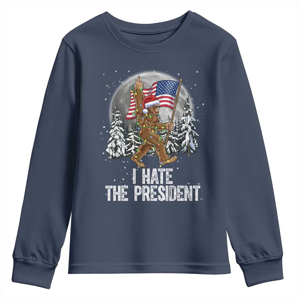 Funny Bigfoot Christmas Political Meme Youth Sweatshirt I Hate The President TS14 Navy Print Your Wear