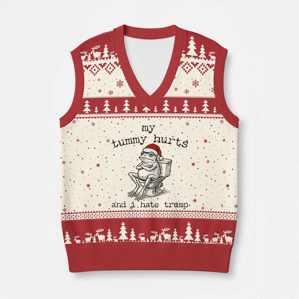 Funny Frog Xmas V-Neck Knit Sweater Vest My Tummy Hurts And I Hate Trump TS14 Beige Red Print Your Wear
