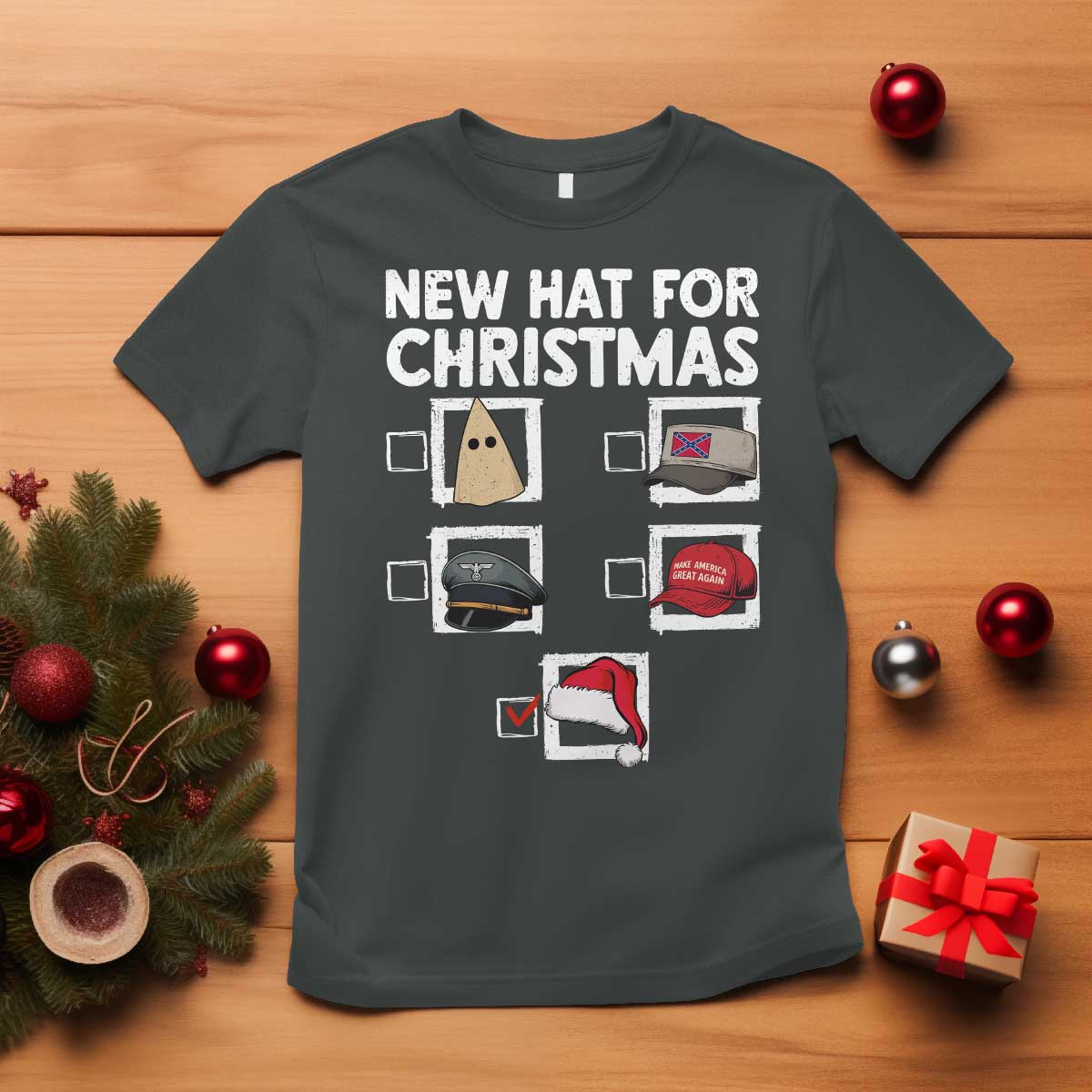 Funny Political Christmas T Shirt Old Hat New Hat TS14 Dark Heather Print Your Wear