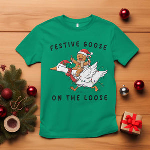 Funny Goose Christmas T Shirt Festive Goose On The Loose Xmas TS14 Irish Green Print Your Wear