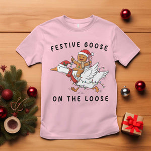 Funny Goose Christmas T Shirt Festive Goose On The Loose Xmas TS14 Light Pink Print Your Wear