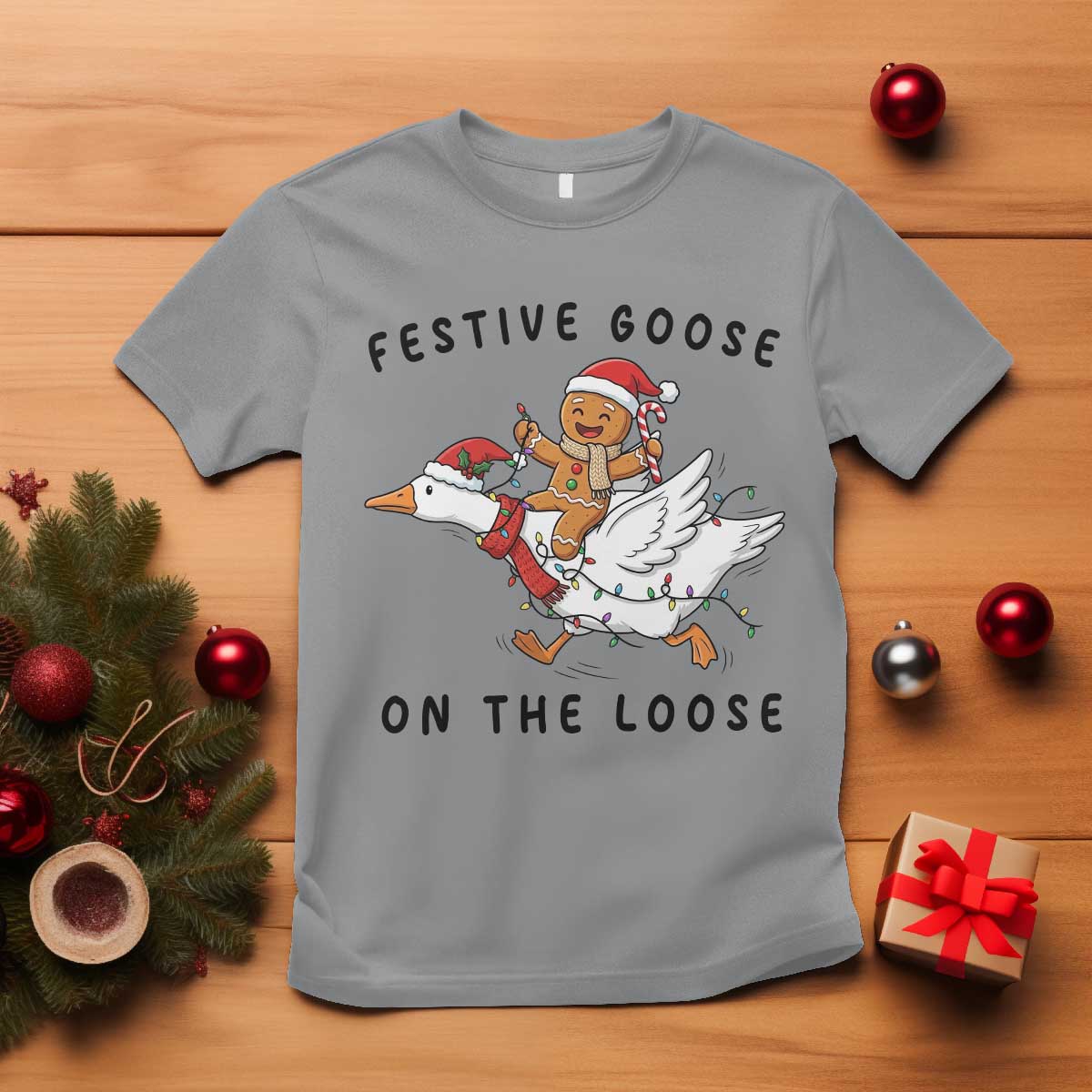 Funny Goose Christmas T Shirt Festive Goose On The Loose Xmas TS14 Sport Gray Print Your Wear