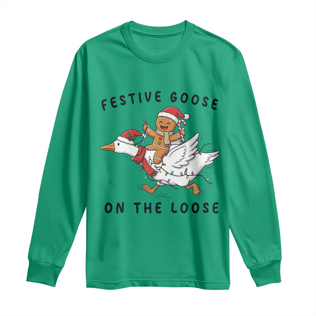 Funny Goose Christmas Long Sleeve Shirt Festive Goose On The Loose Xmas TS14 Irish Green Print Your Wear
