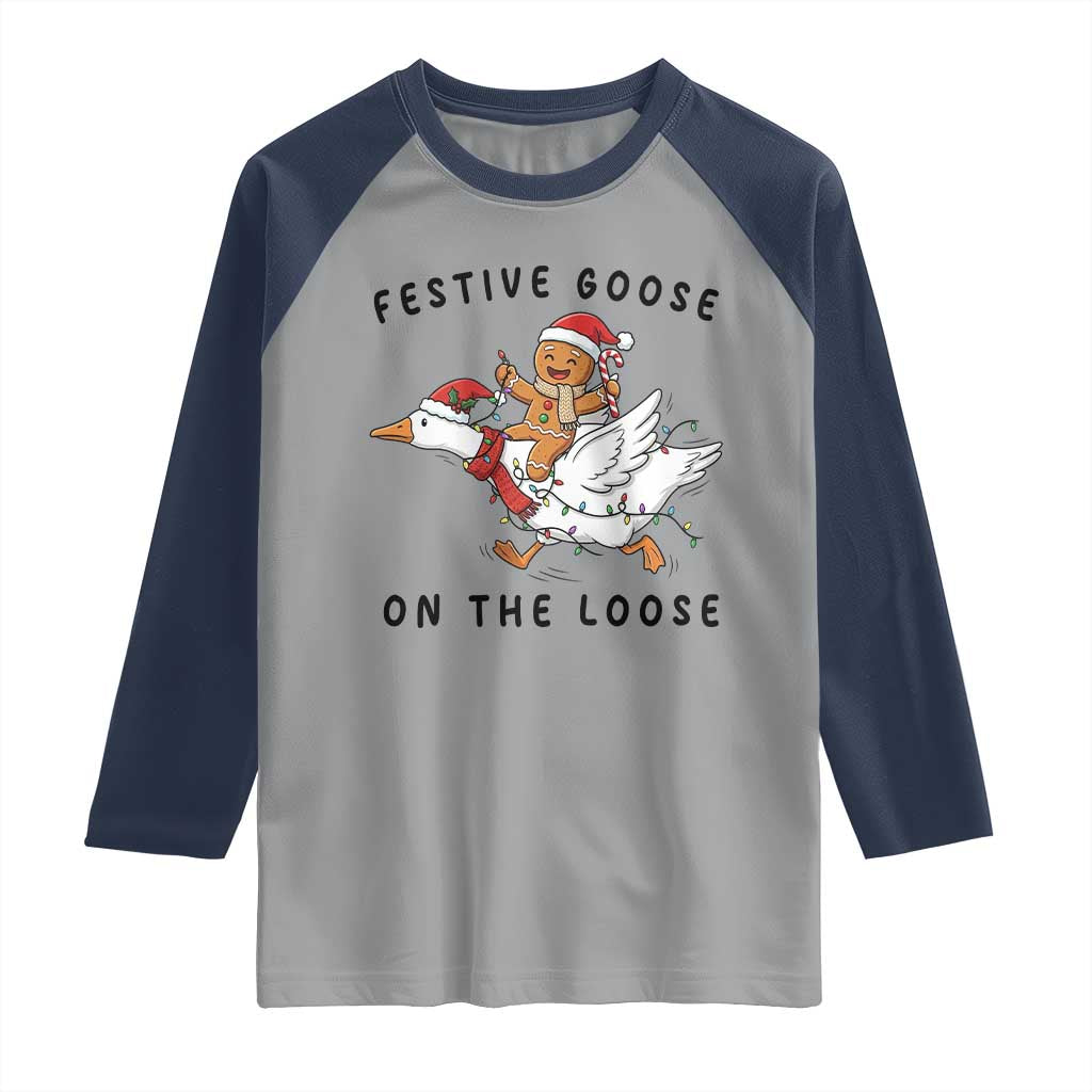Funny Goose Christmas Raglan Shirt Festive Goose On The Loose Xmas TS14 Sport Gray Navy Print Your Wear