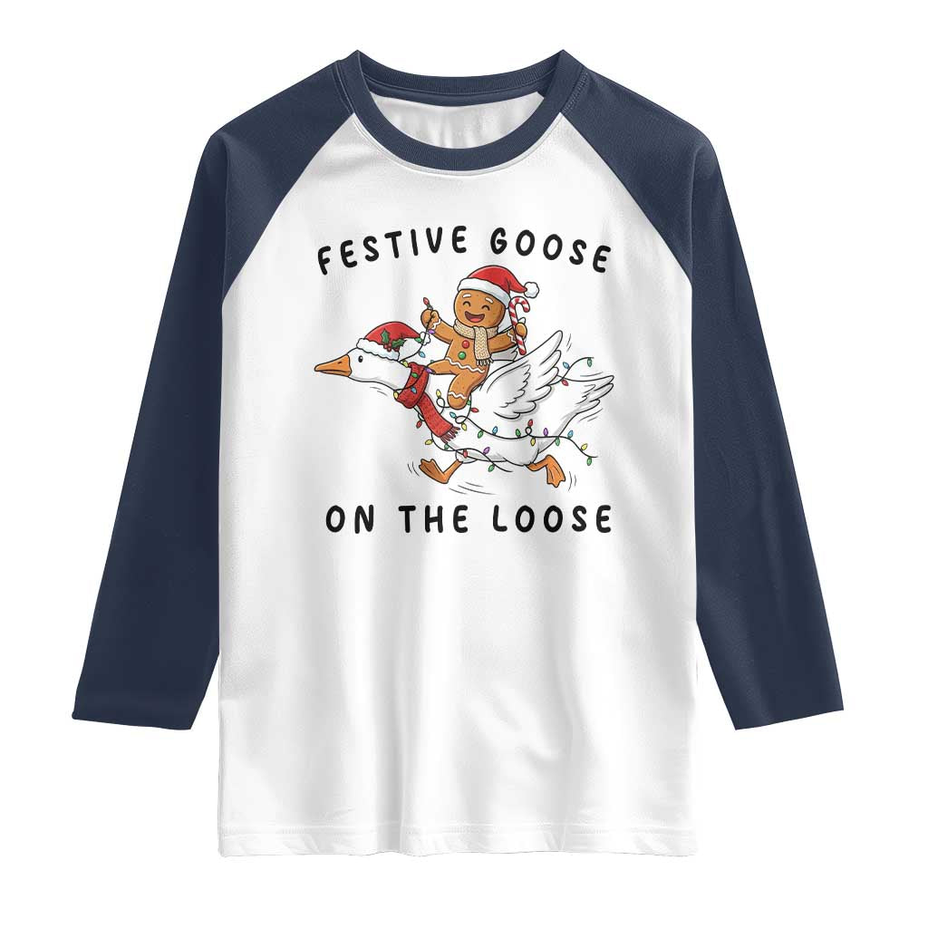 Funny Goose Christmas Raglan Shirt Festive Goose On The Loose Xmas TS14 White Navy Print Your Wear