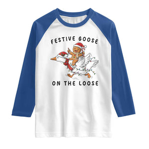 Funny Goose Christmas Raglan Shirt Festive Goose On The Loose Xmas TS14 White Royal Print Your Wear