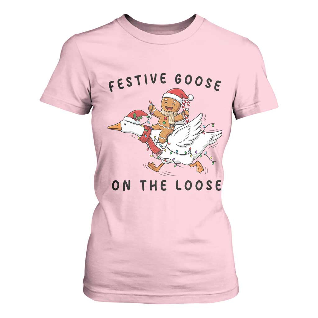 Funny Goose Christmas T Shirt For Women Festive Goose On The Loose Xmas TS14 Light Pink Print Your Wear
